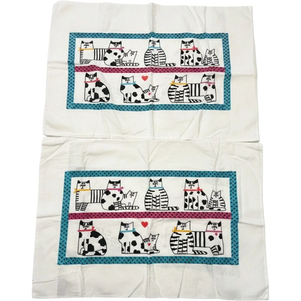 Vintage Stevens Flannel Pillowcase Set 2pc Whimsical Cat Print Cotton USA 90s